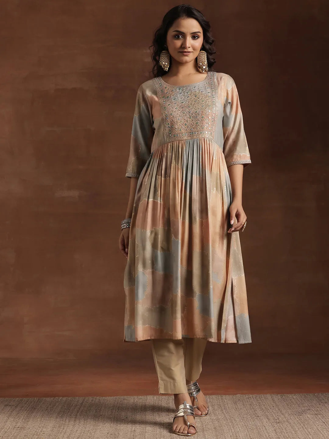  Beige Printed Silk A-Line Kurta 
