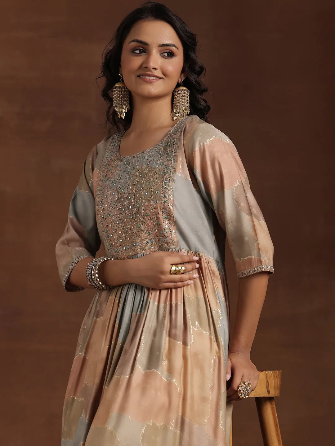  Beige Printed Silk A-Line Kurta 