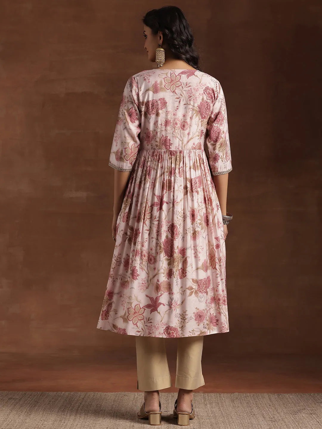  Pink Printed Silk A-Line Kurta 