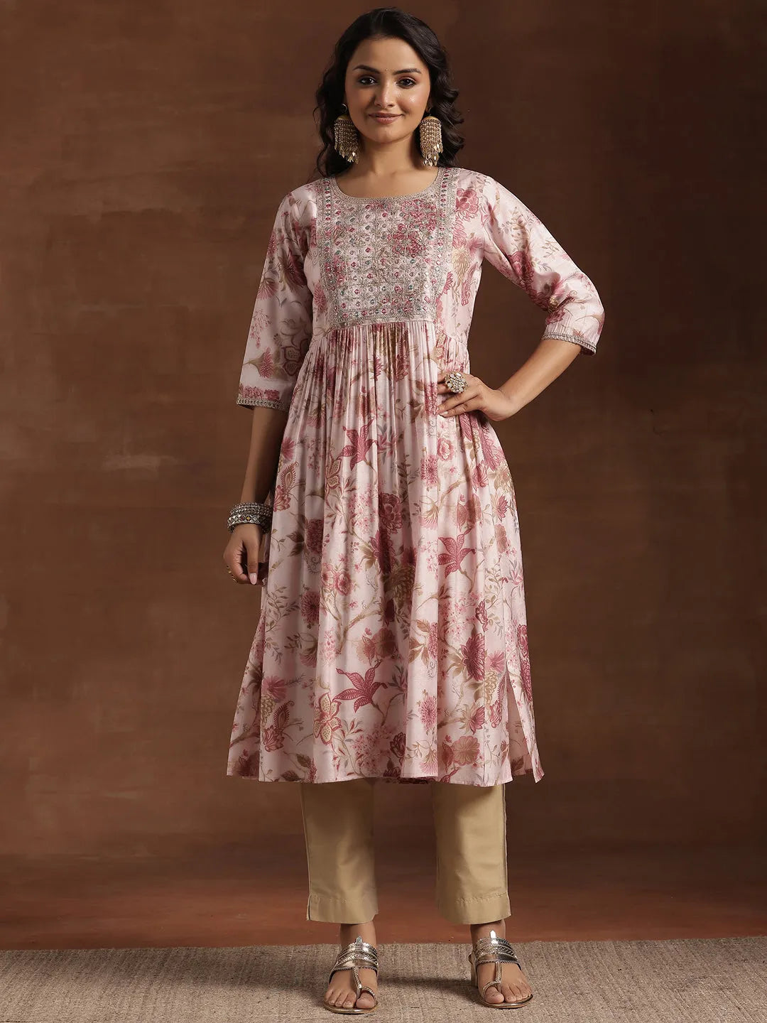  Pink Printed Silk A-Line Kurta 