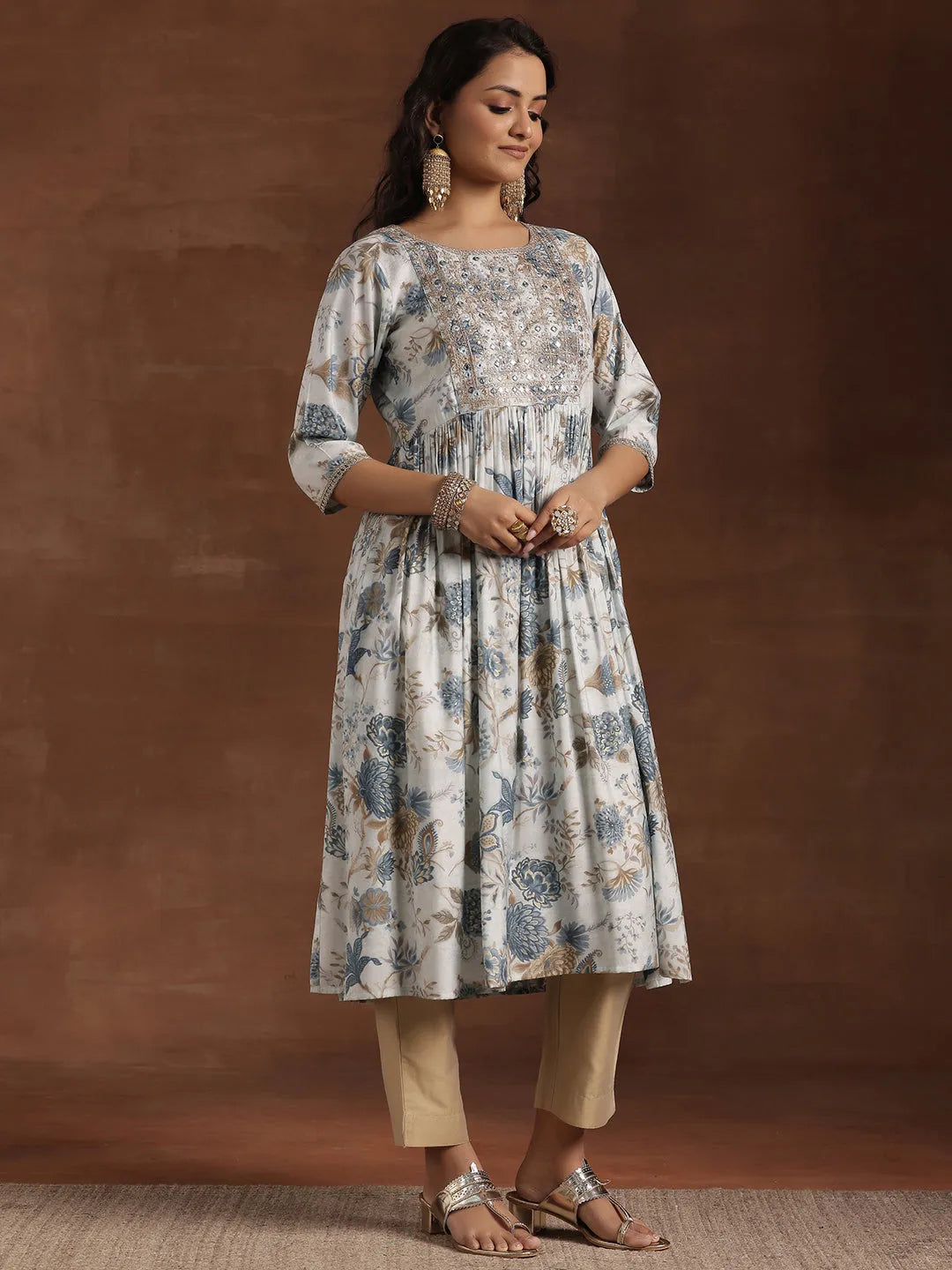  Blue Printed Silk A-Line Kurta 