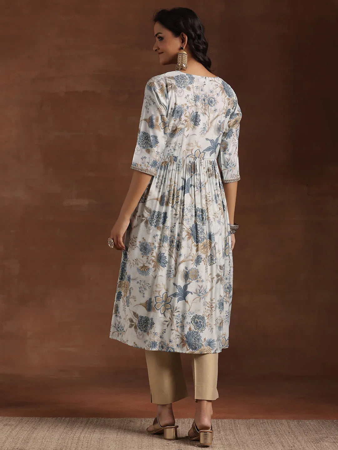  Blue Printed Silk A-Line Kurta 