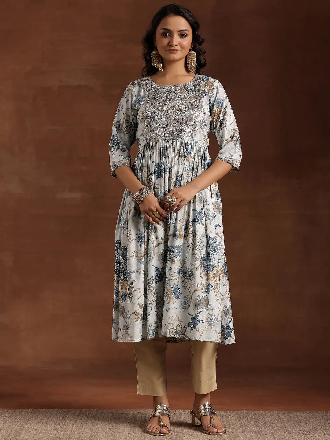  Blue Printed Silk A-Line Kurta 