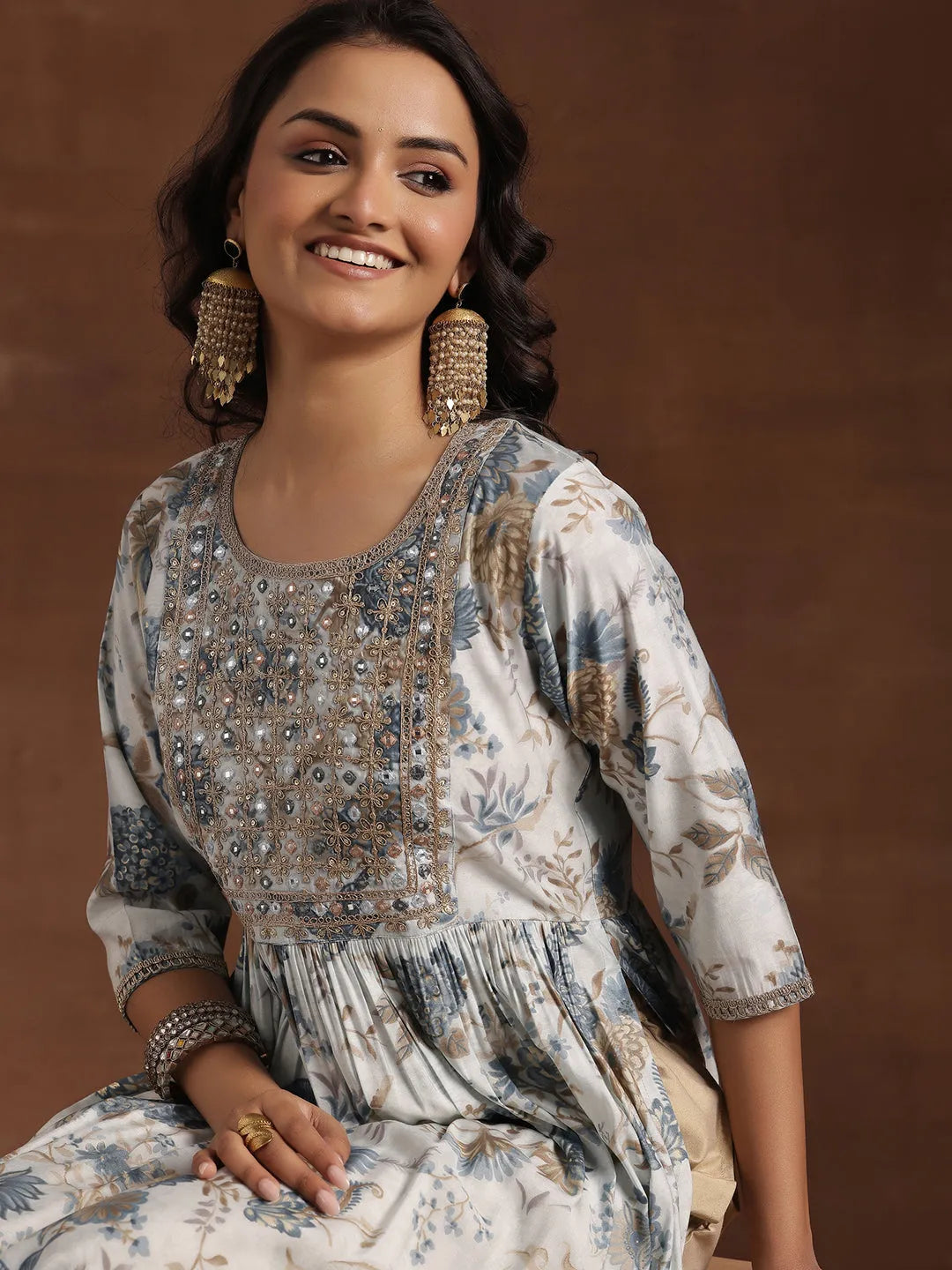  Blue Printed Silk A-Line Kurta 
