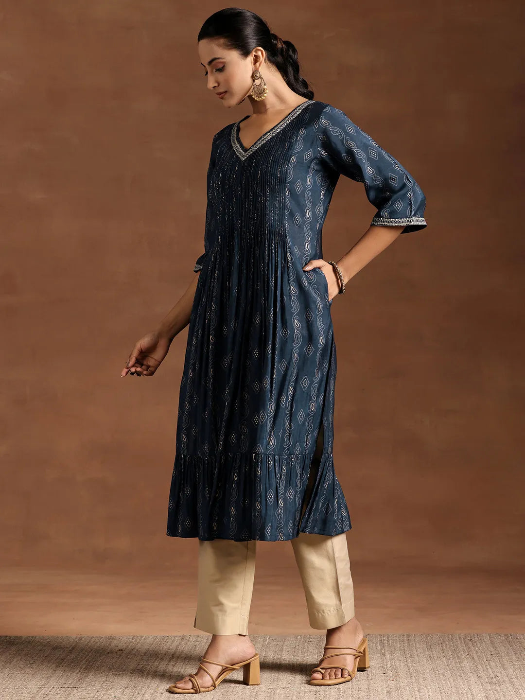  Blue Printed Silk A-Line Kurta 