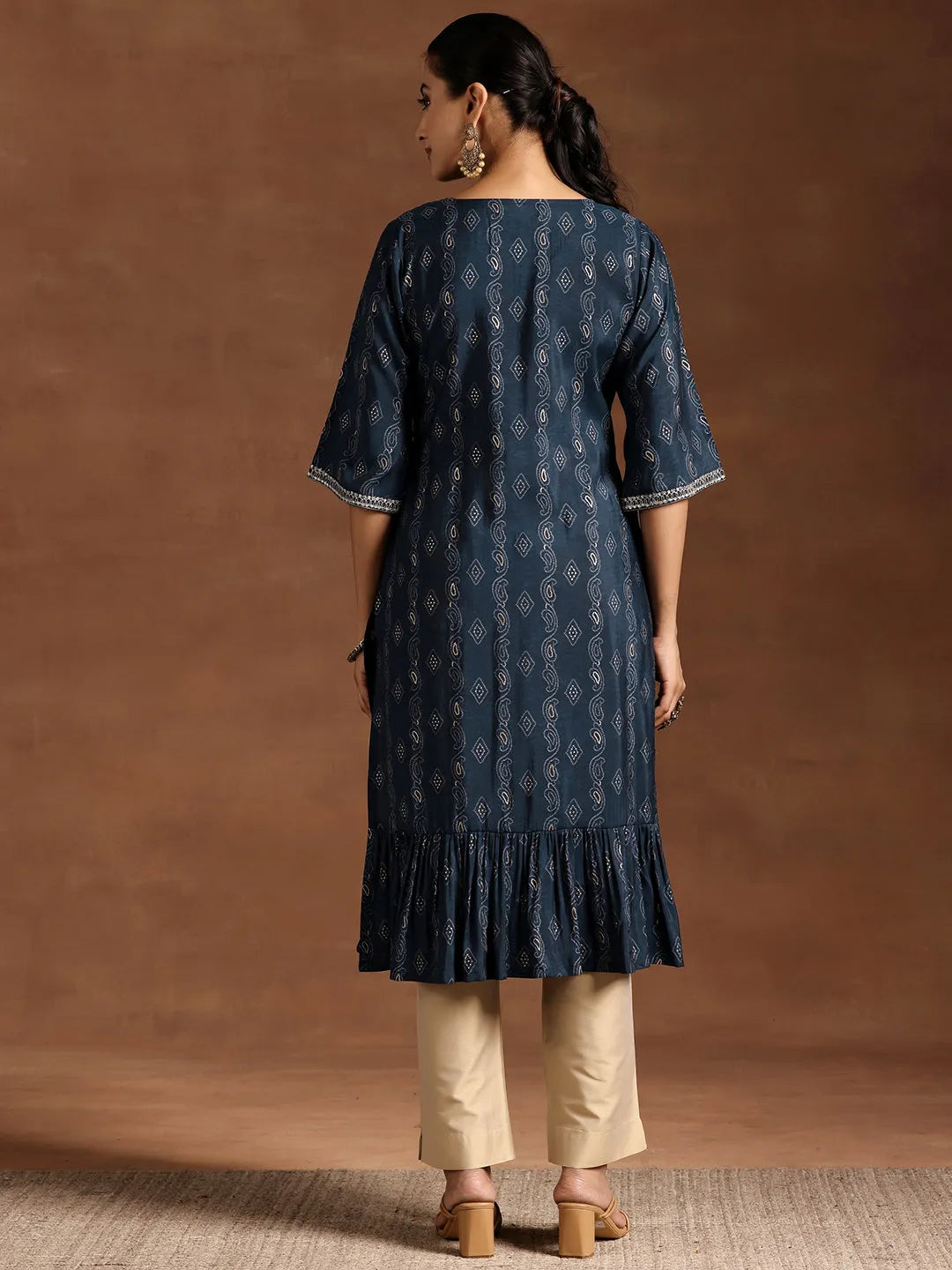  Blue Printed Silk A-Line Kurta 