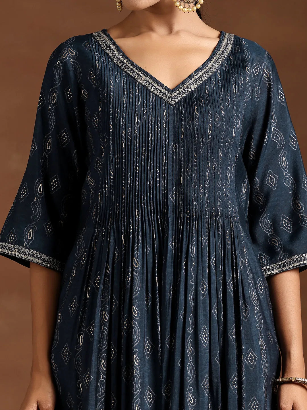  Blue Printed Silk A-Line Kurta 