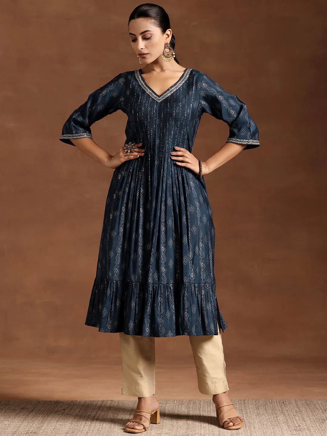  Blue Printed Silk A-Line Kurta 