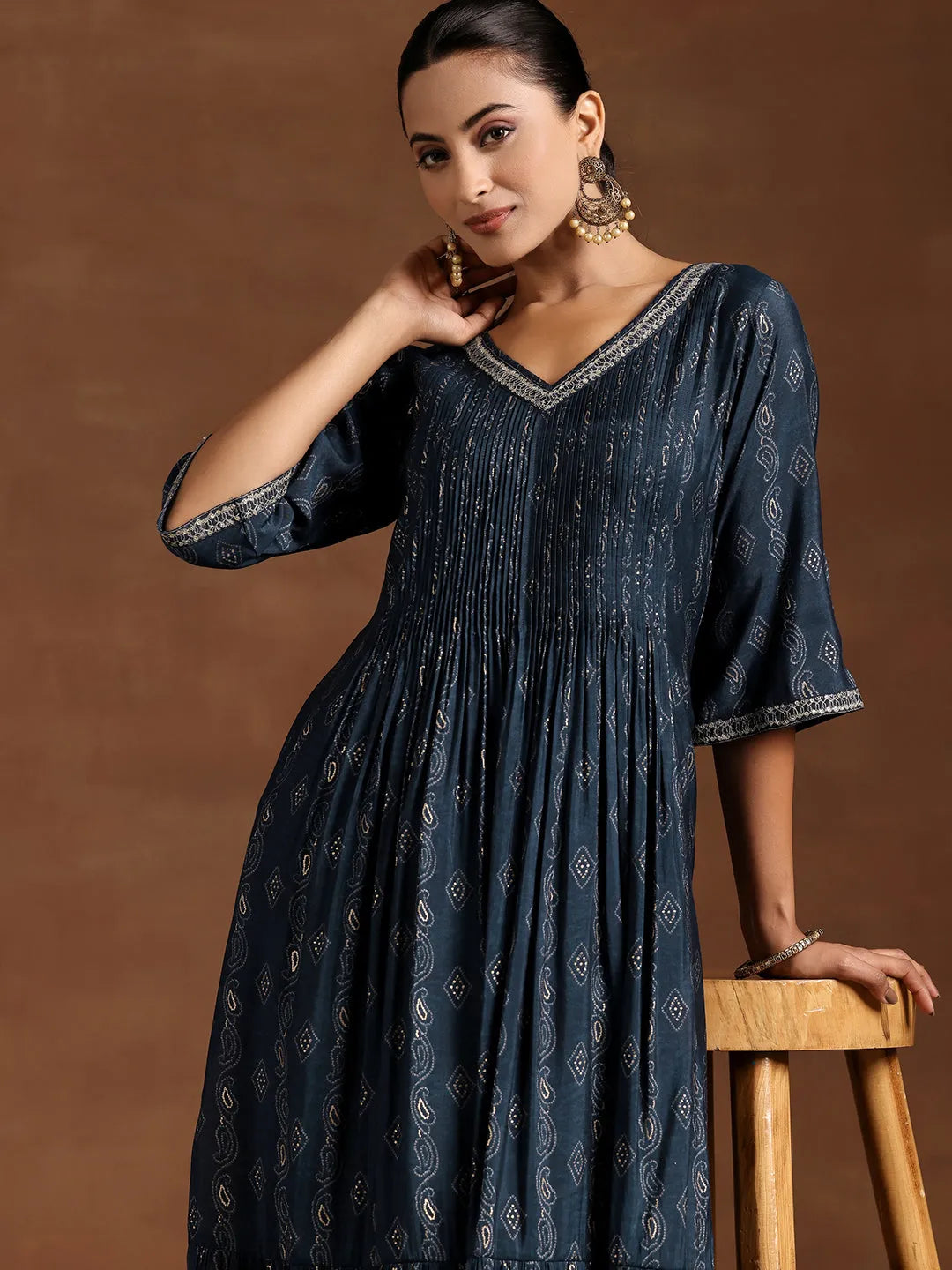  Blue Printed Silk A-Line Kurta 