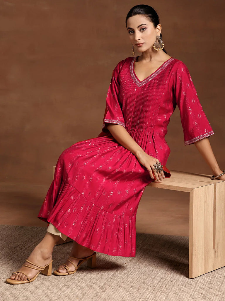 Libas Red Printed Silk A-Line Kurta