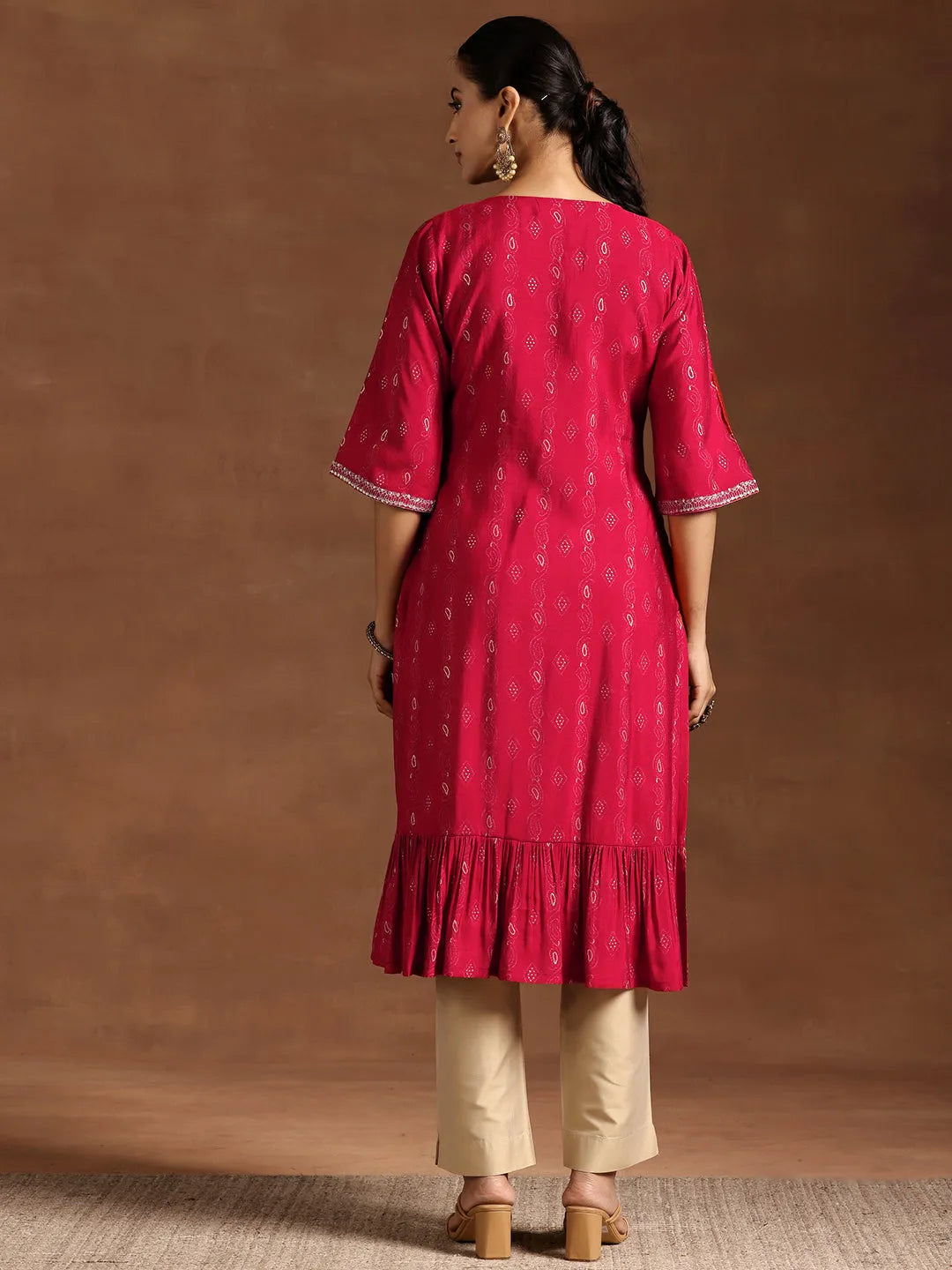  Red Printed Silk A-Line Kurta 