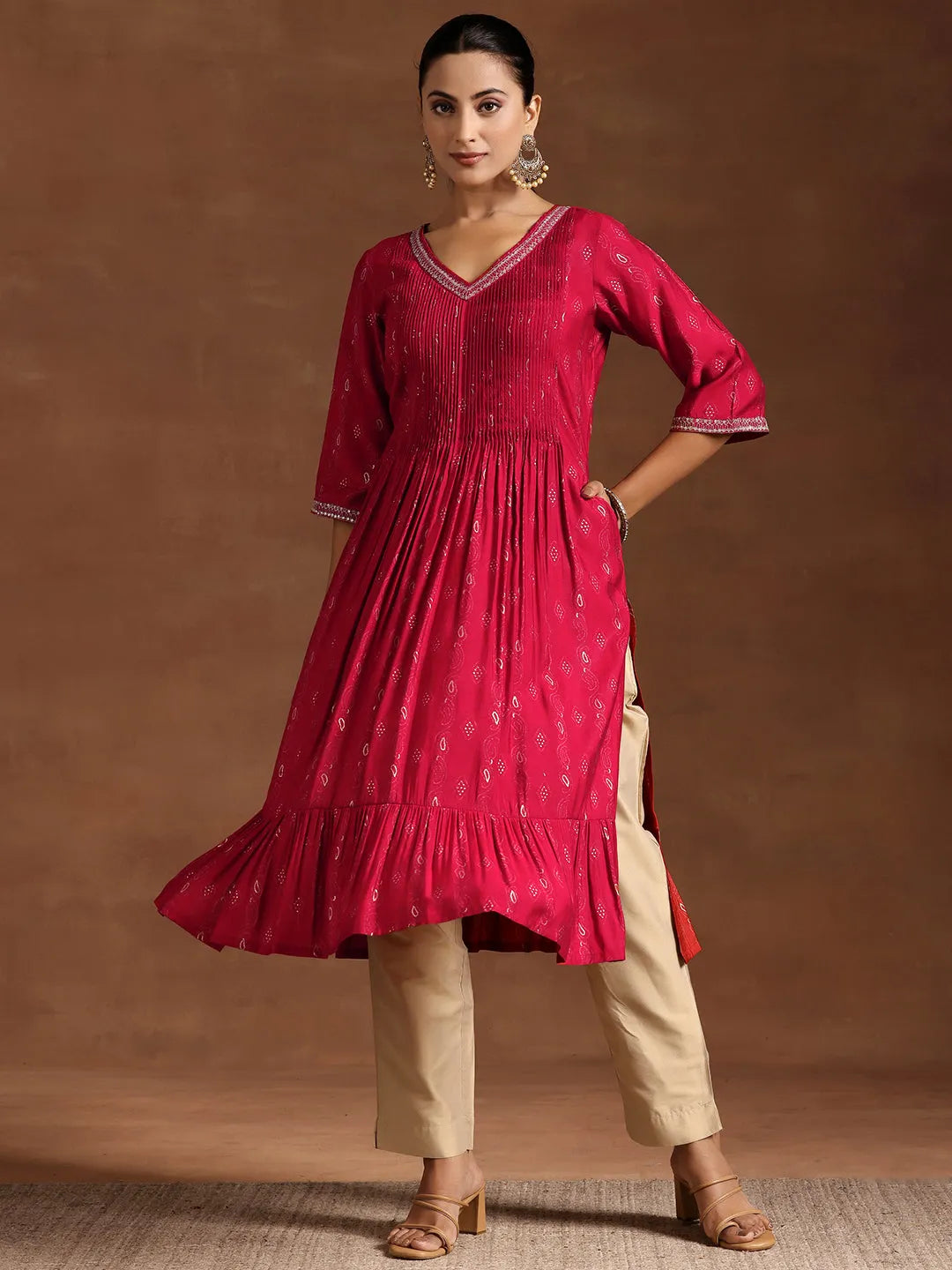  Red Printed Silk A-Line Kurta 