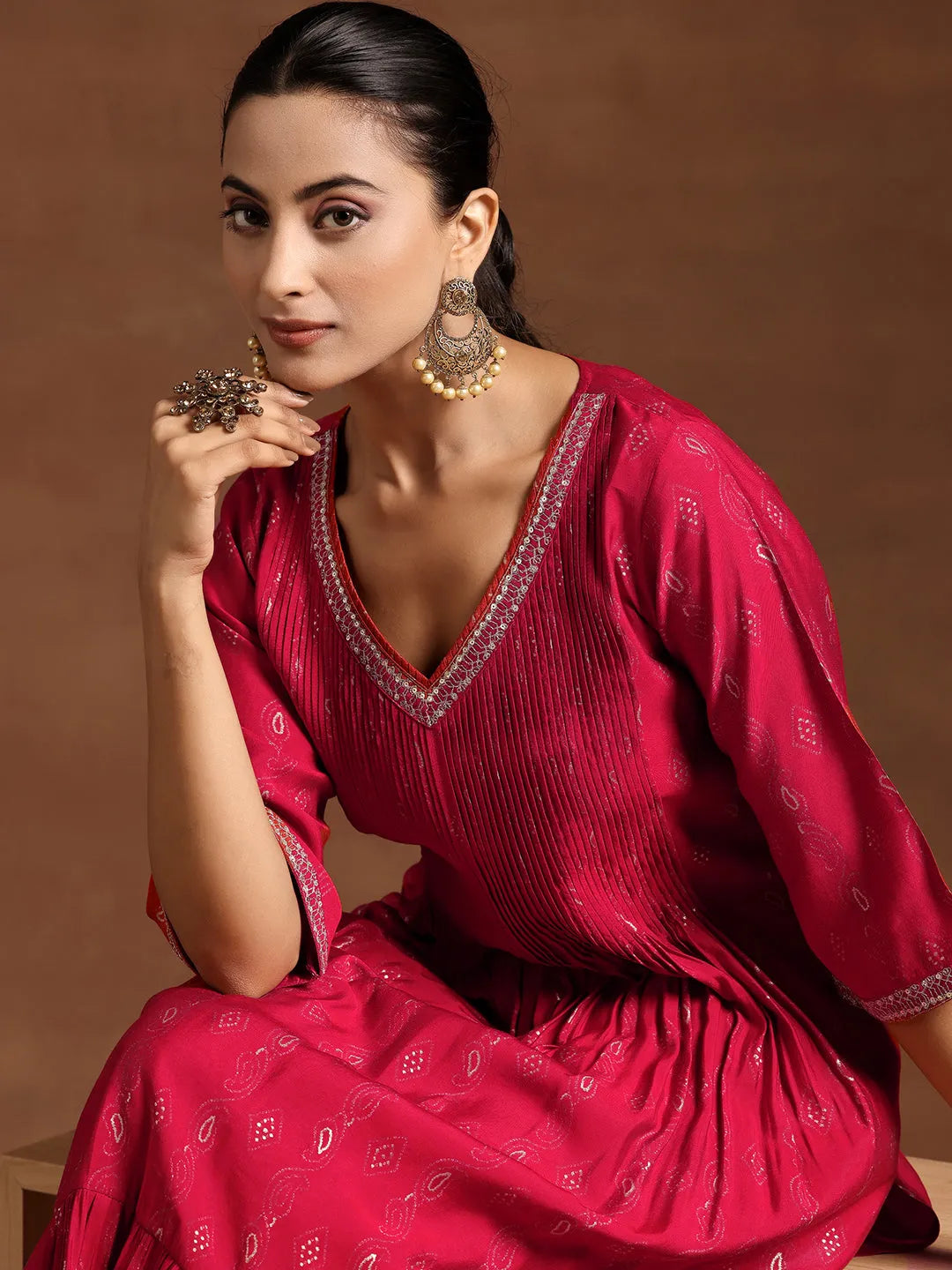  Red Printed Silk A-Line Kurta 