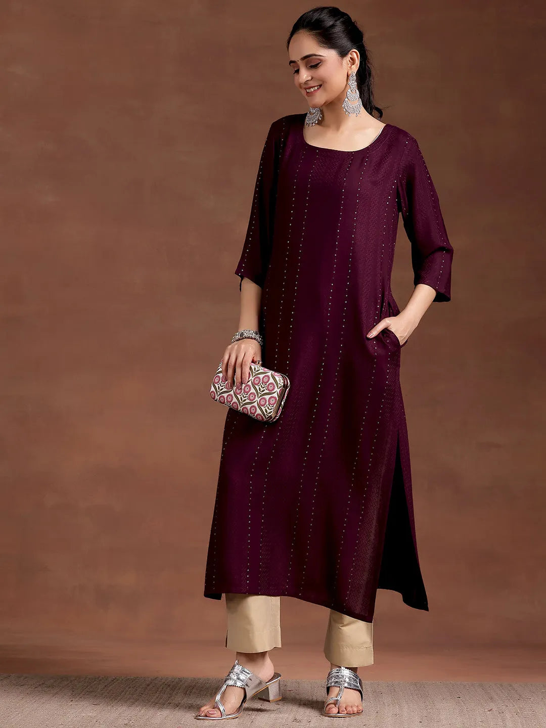  Wine Woven Design Rayon Straight Kurta 