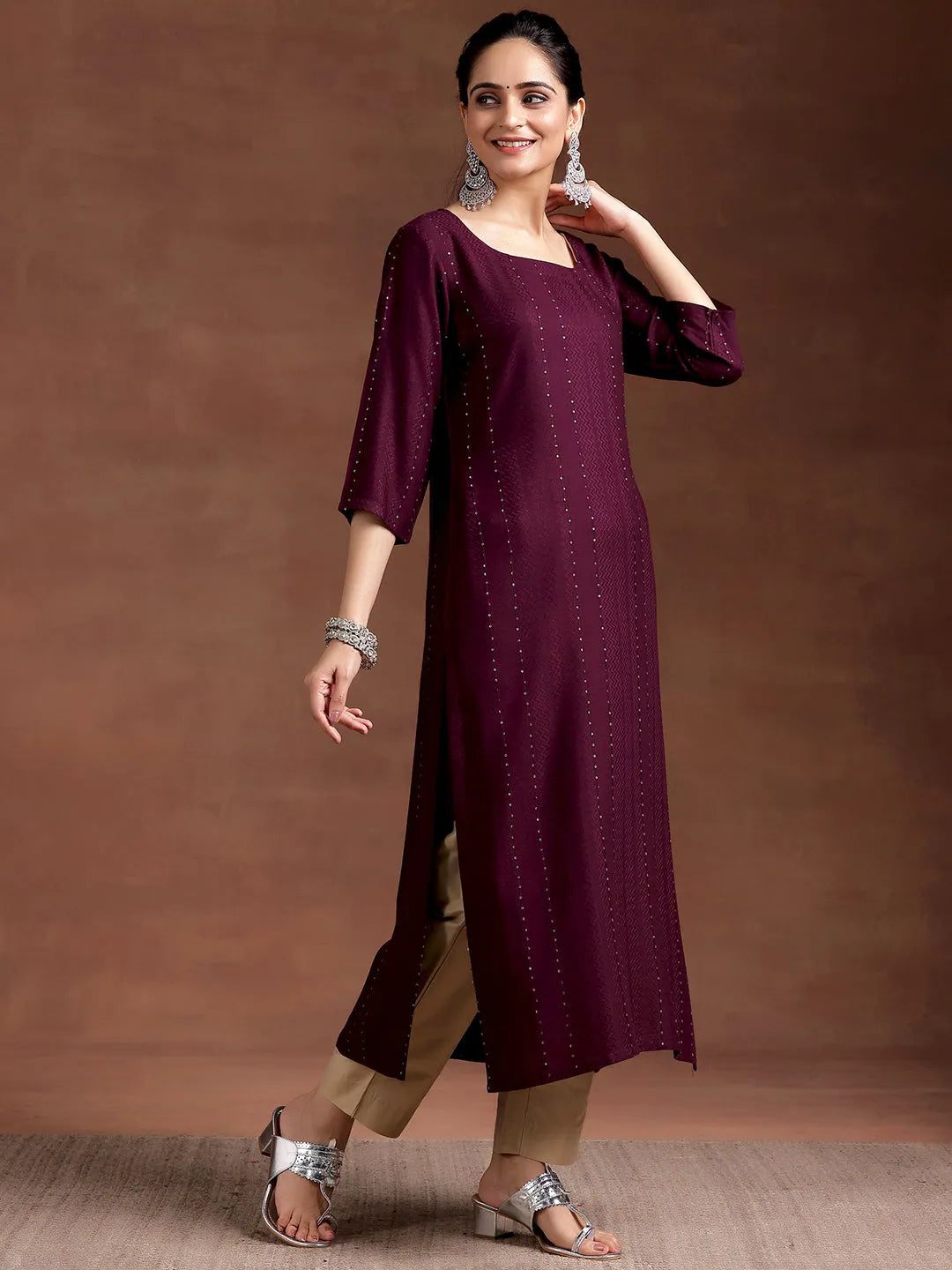  Wine Woven Design Rayon Straight Kurta 