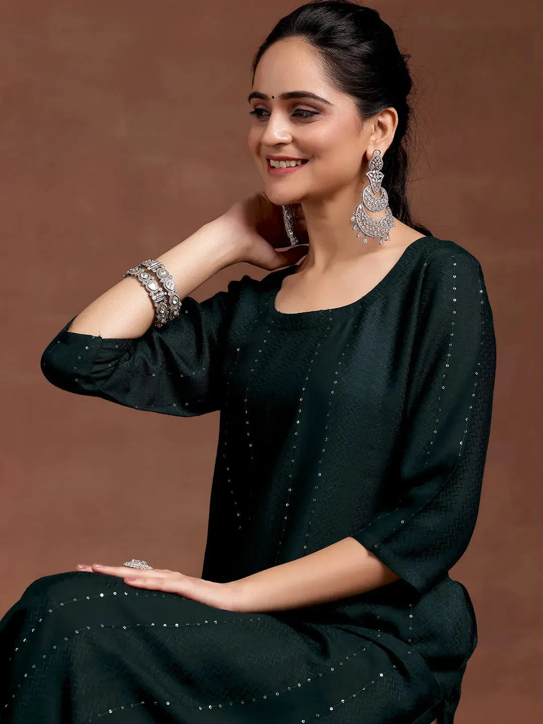  Green Woven Design Rayon Straight Kurta 