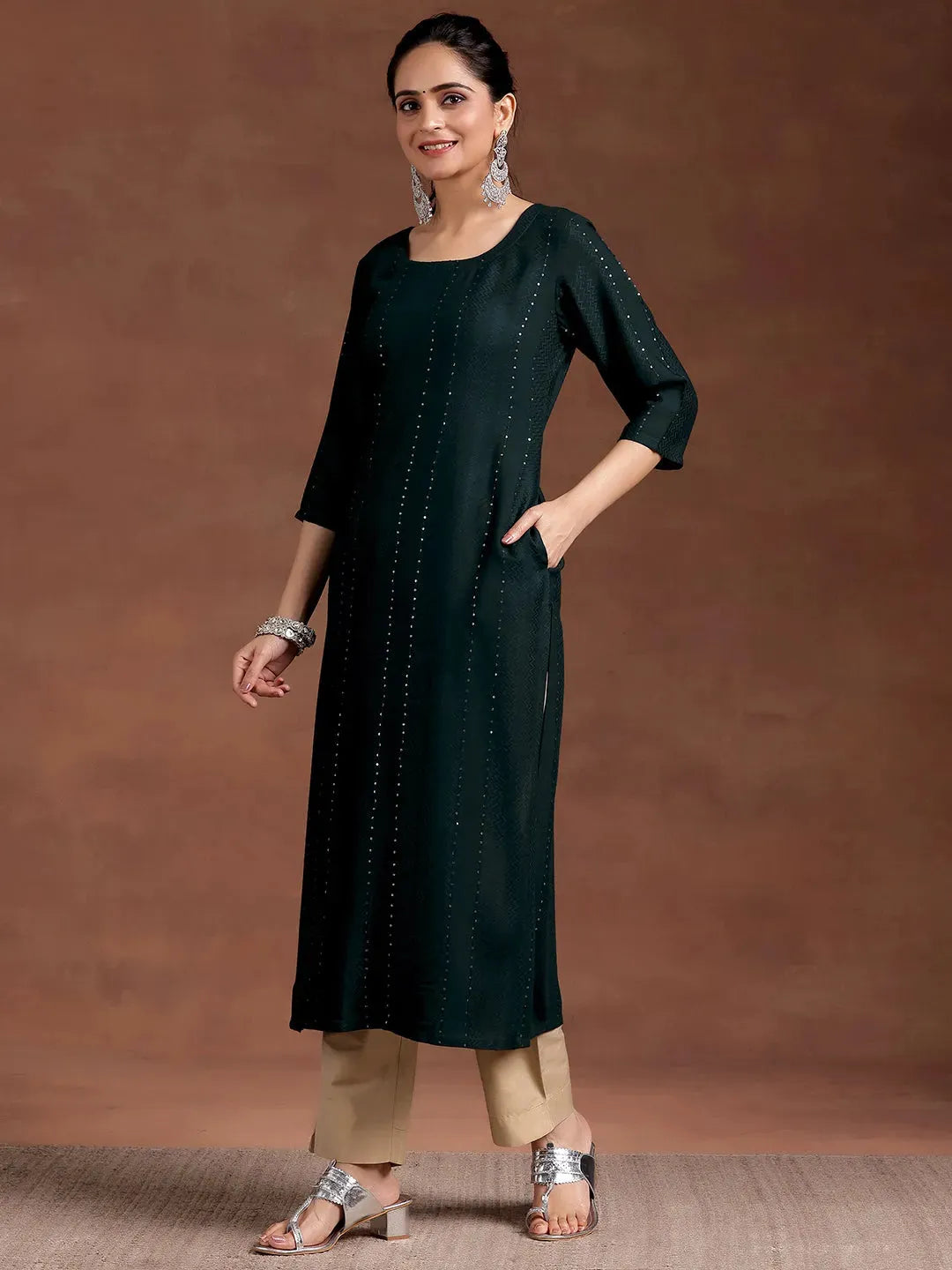  Green Woven Design Rayon Straight Kurta 