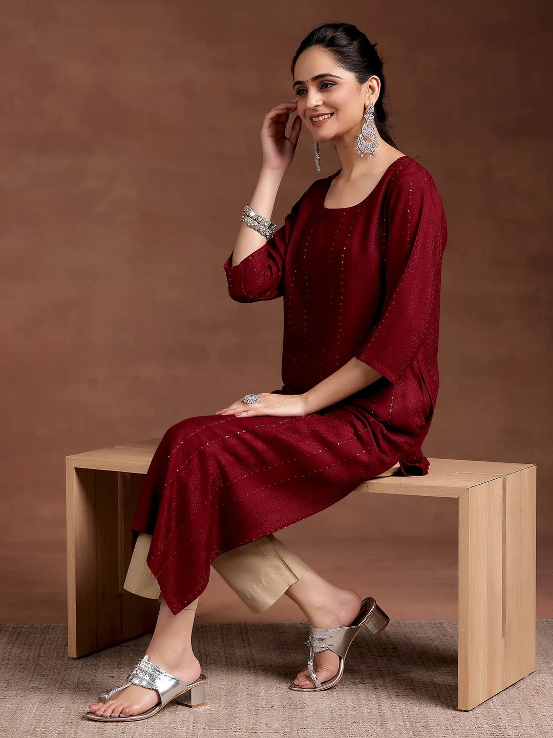 libas Red Woven Design Rayon Straight Kurta-picture-10