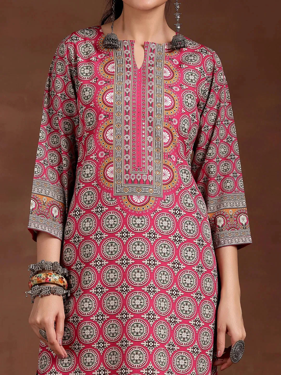  Pink Printed Crepe Straight Kurta 