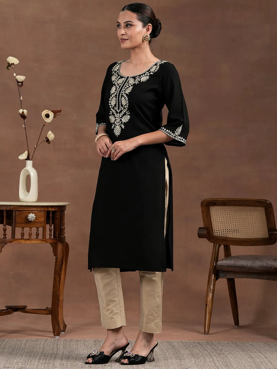  Black Yoke Design Rayon Straight Kurta 