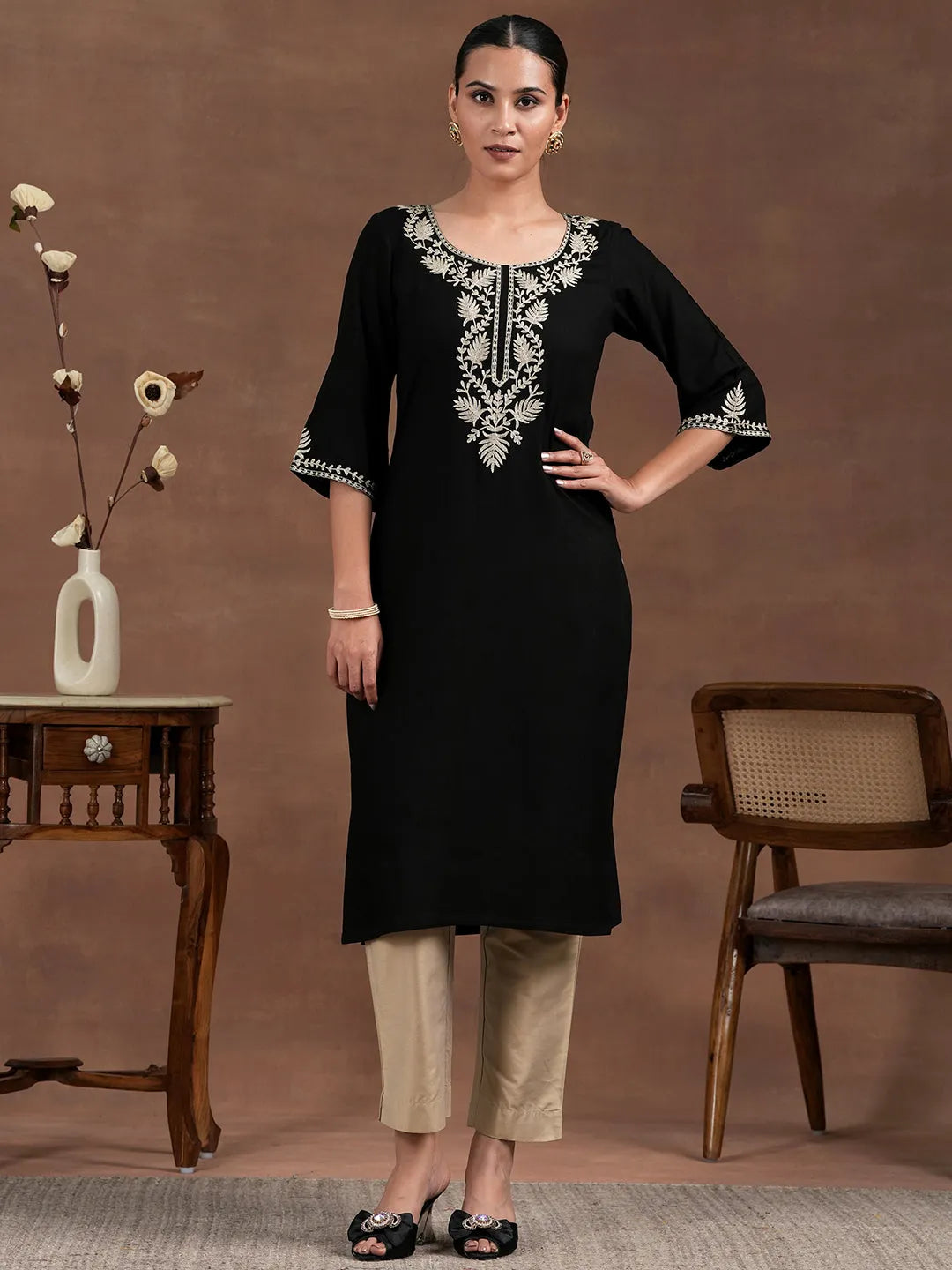  Black Yoke Design Rayon Straight Kurta 