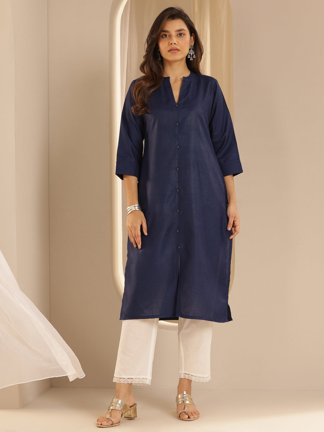  Blue Solid Cotton Blend Straight Kurta 