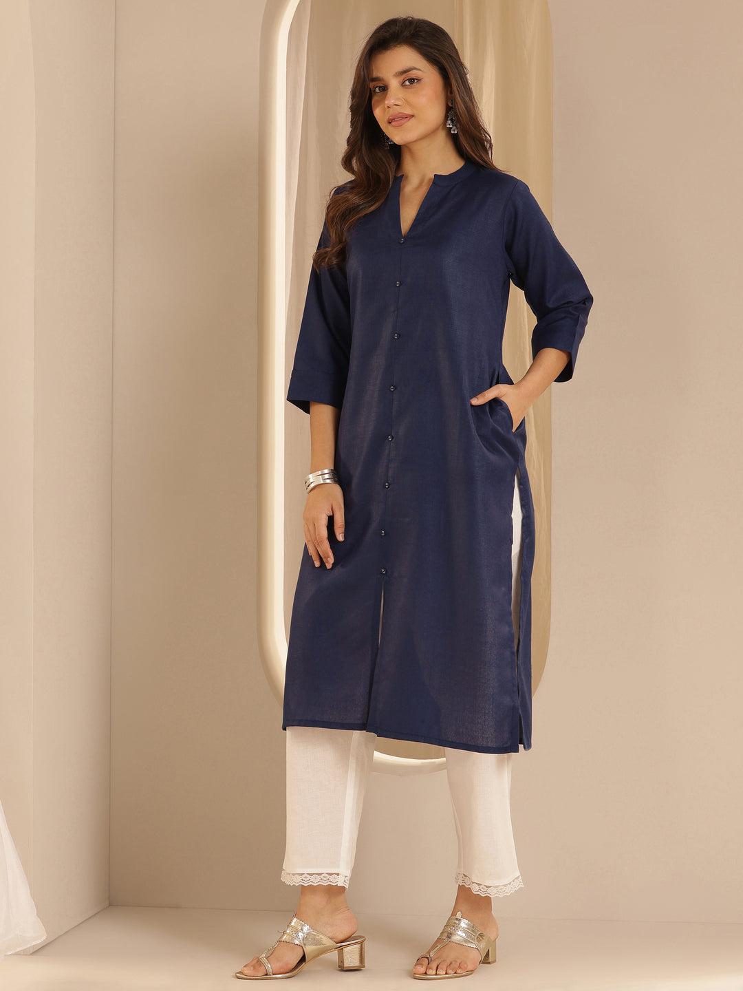  Blue Solid Cotton Blend Straight Kurta 