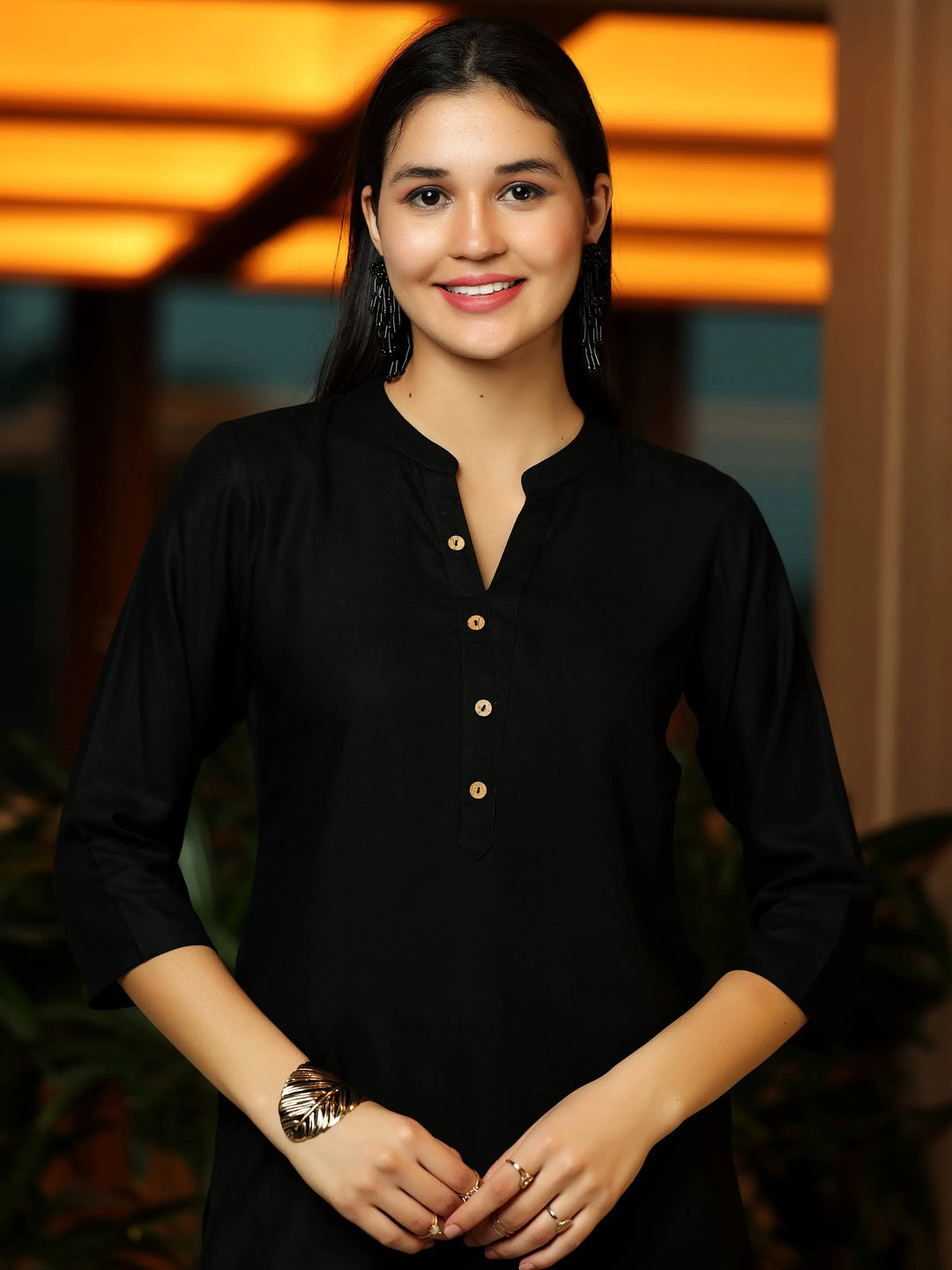  Black Solid Rayon Straight Kurti 
