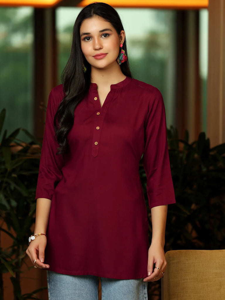 Libas Maroon Solid Rayon Straight Kurti