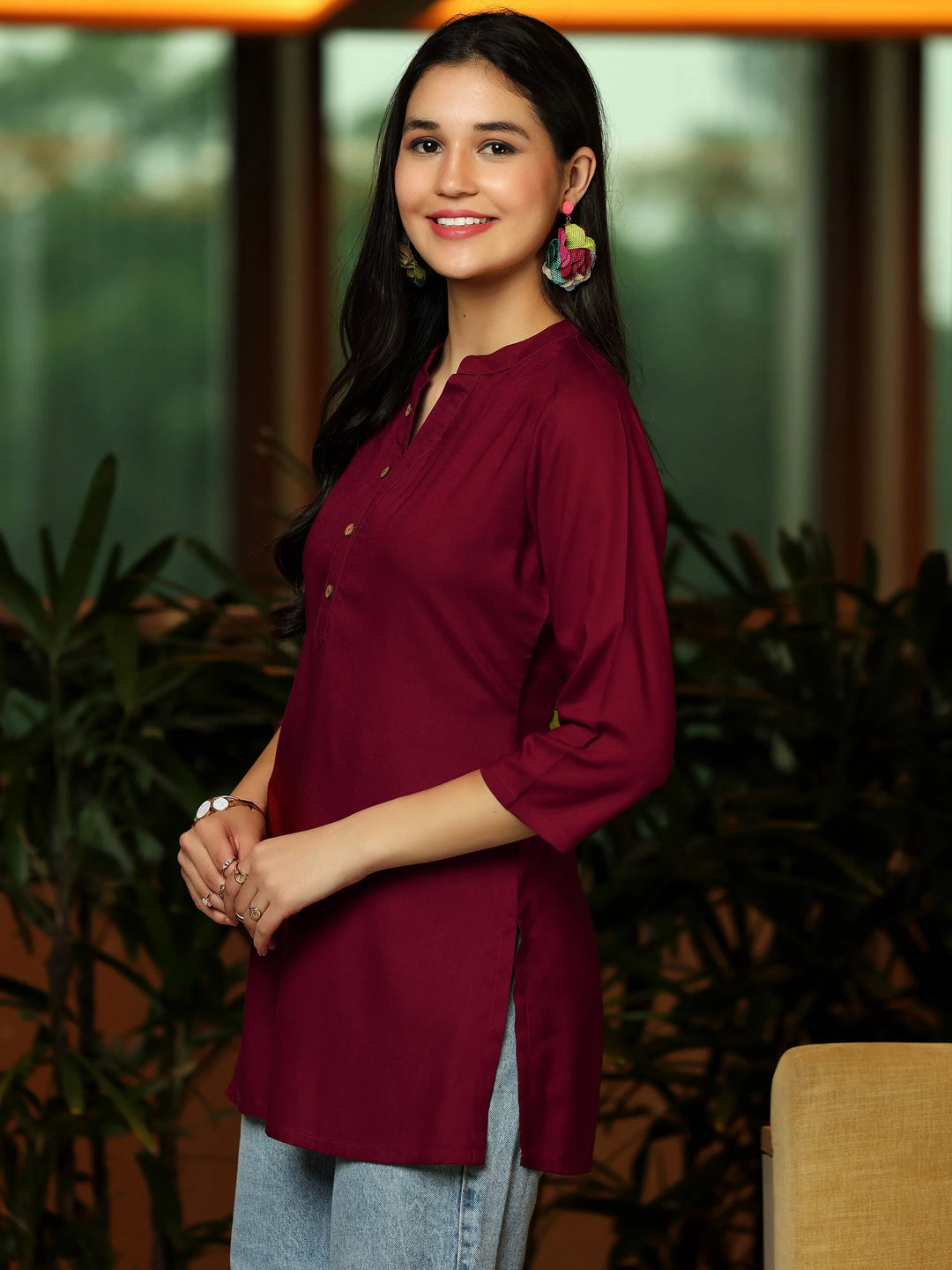  Maroon Solid Rayon Straight Kurti 