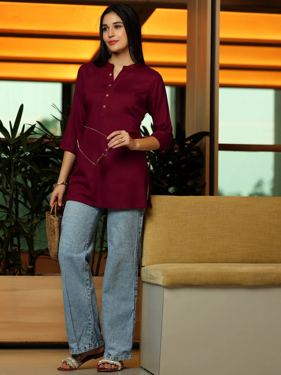 Maroon Solid Rayon Straight Kurti 
