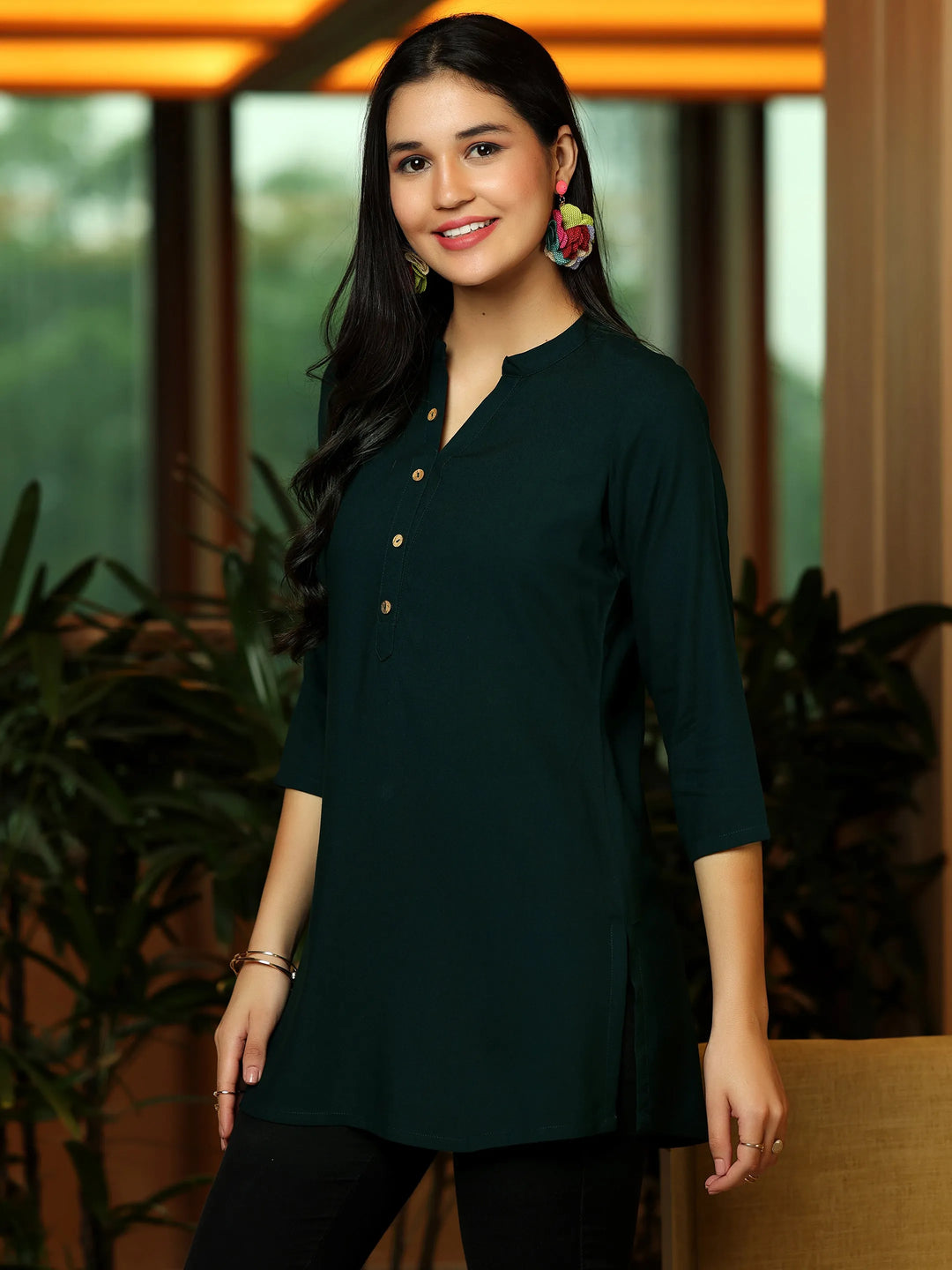  Green Solid Rayon Straight Kurti 