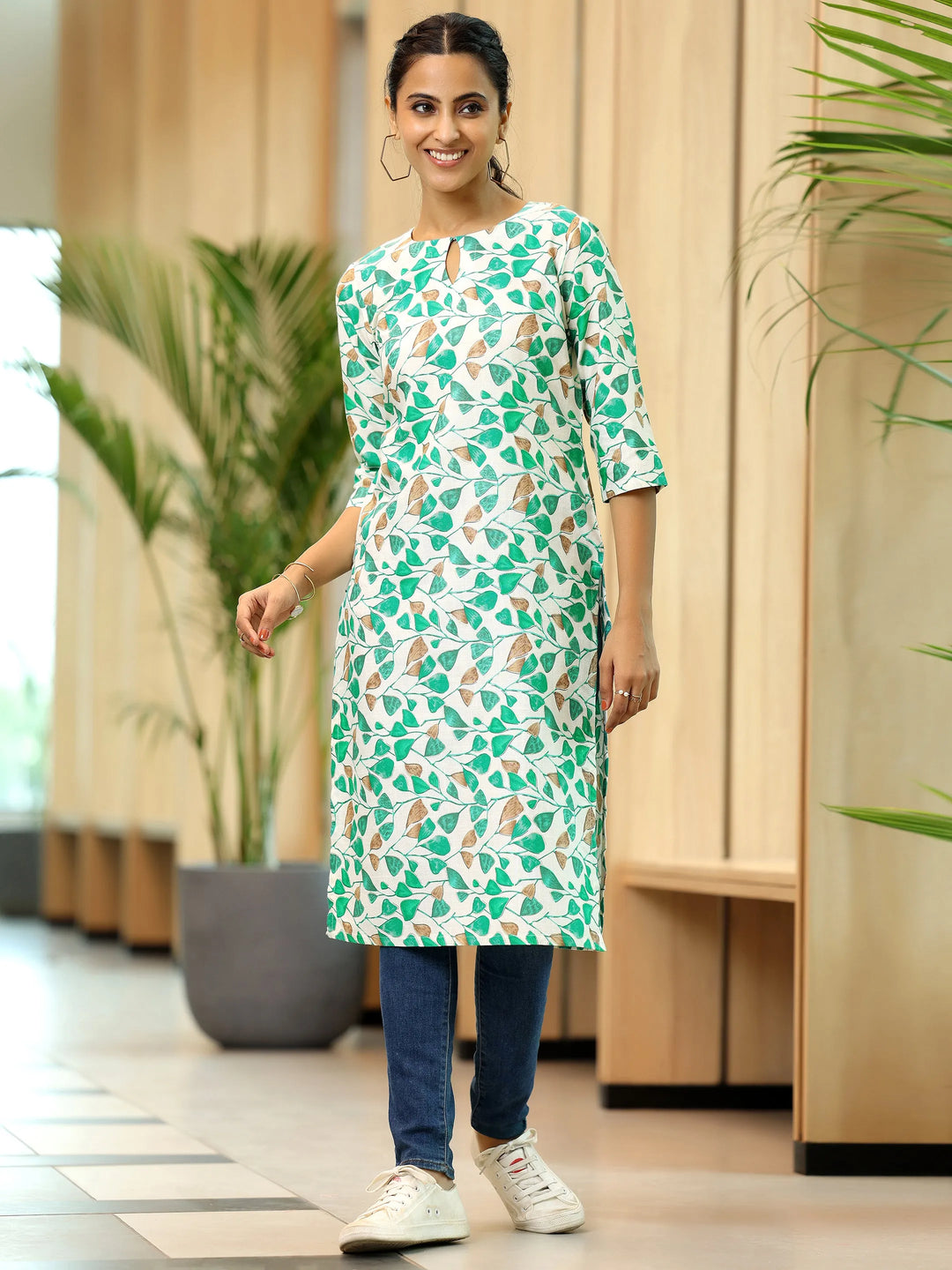  Off White Printed Cotton Straight Kurta 