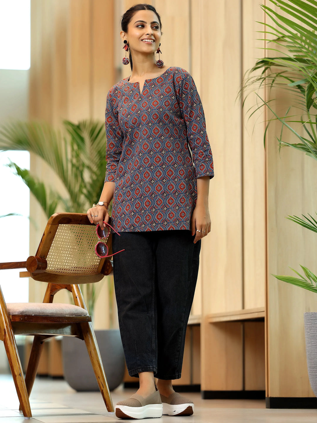  Blue Printed Cotton Straight Kurti 