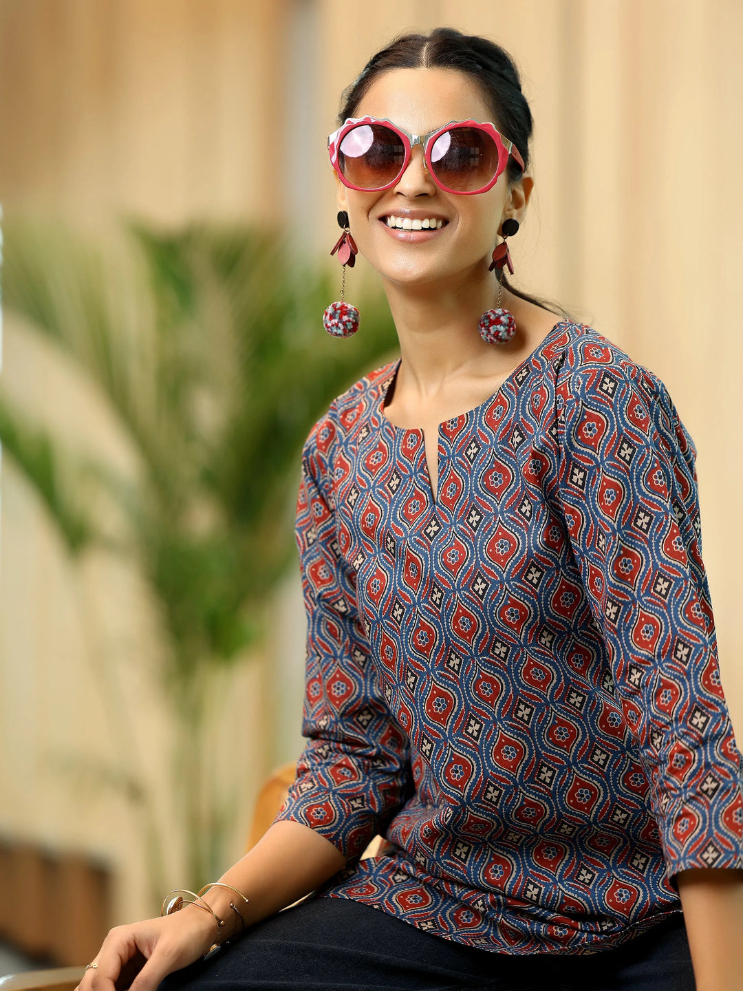  Blue Printed Cotton Straight Kurti 