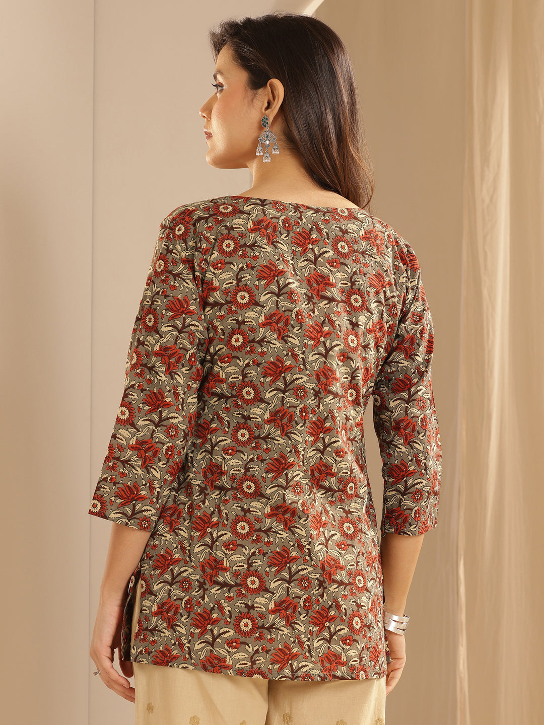  Brown Printed Cotton Straight Kurti 