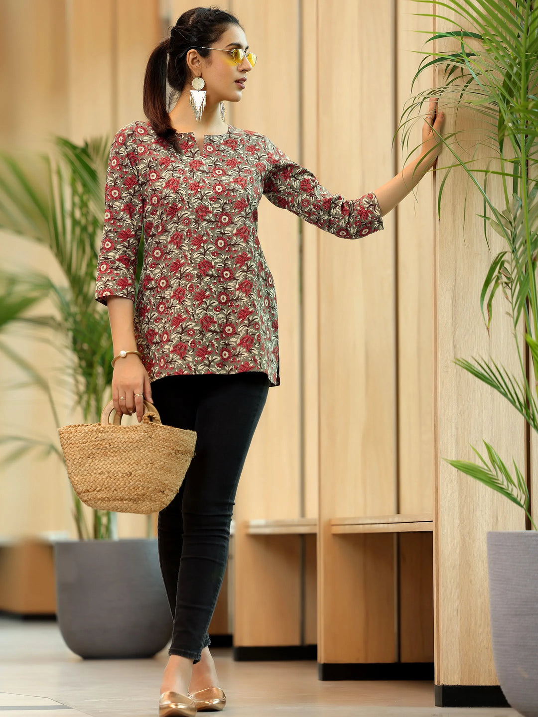  Brown Printed Cotton Straight Kurti 
