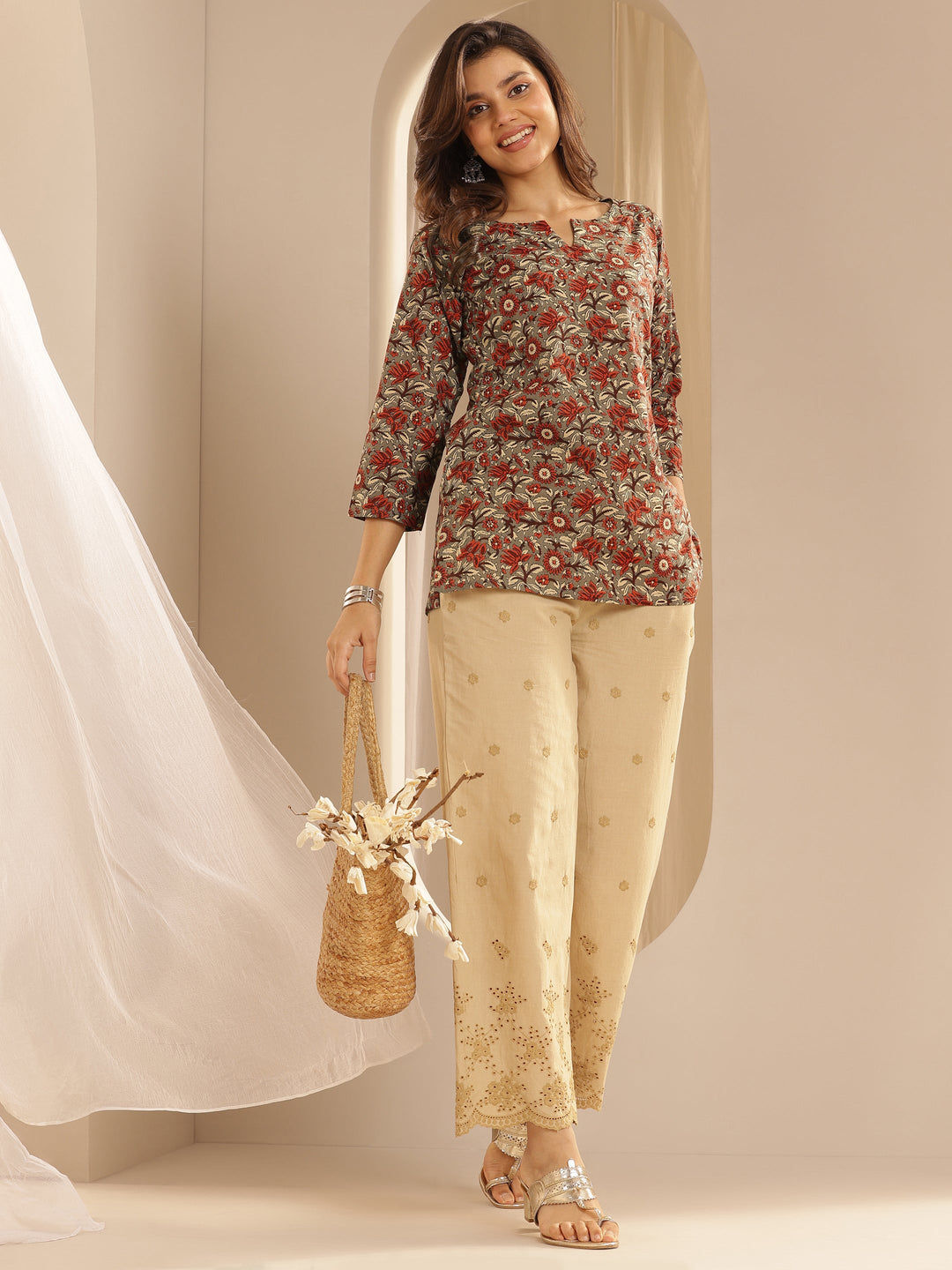  Brown Printed Cotton Straight Kurti 