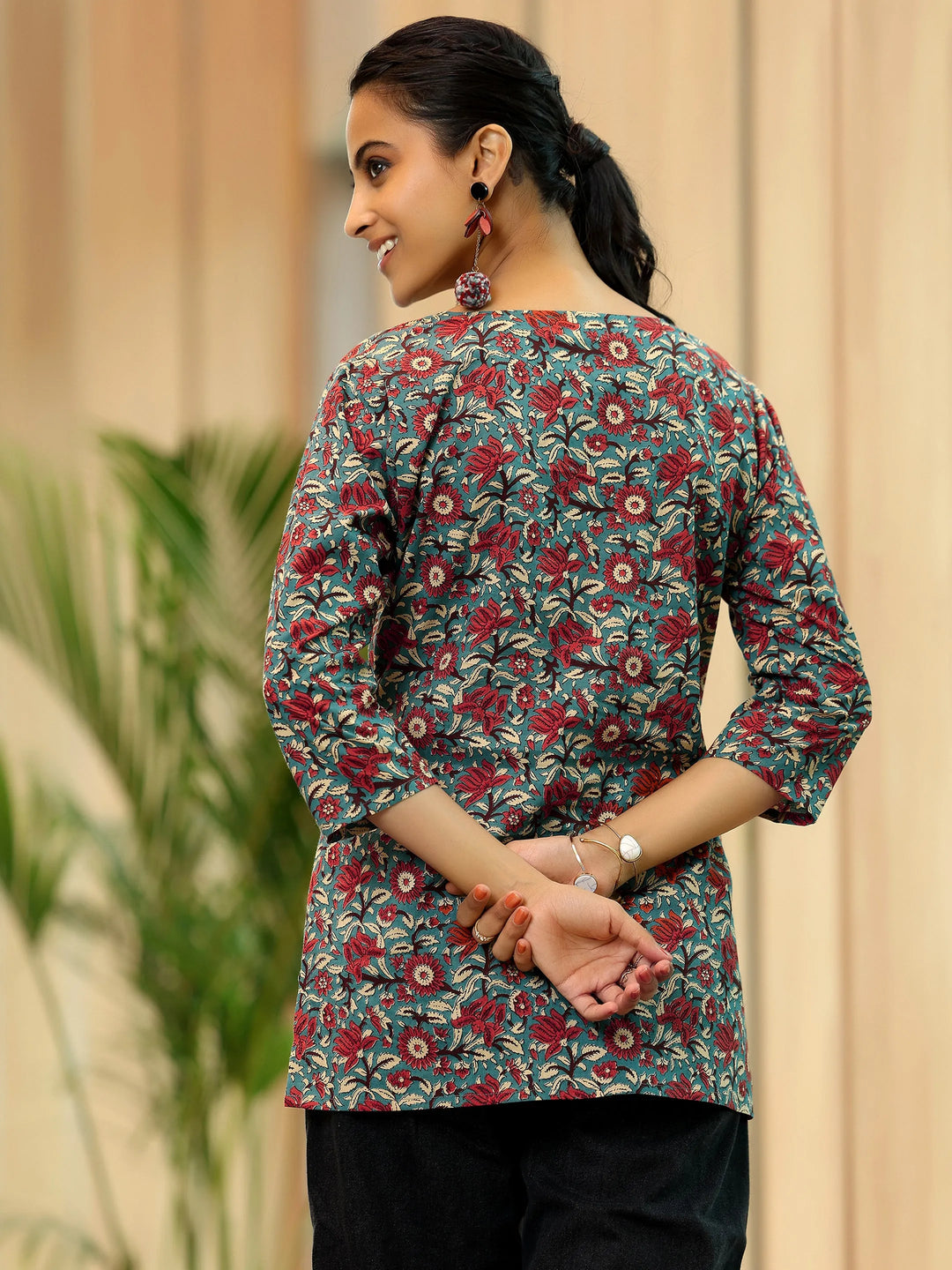 Blue Printed Cotton Straight Kurti 