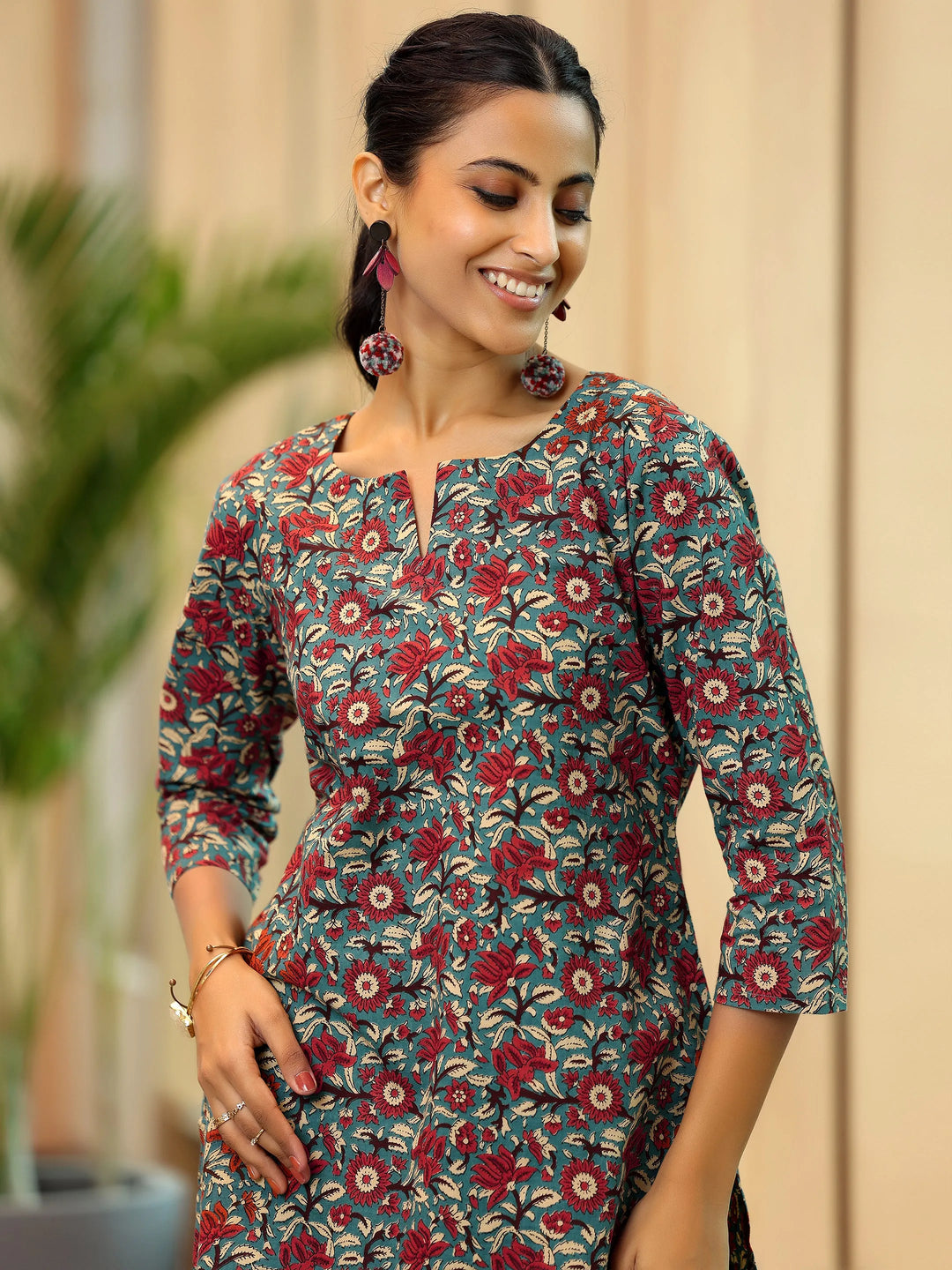  Blue Printed Cotton Straight Kurti 