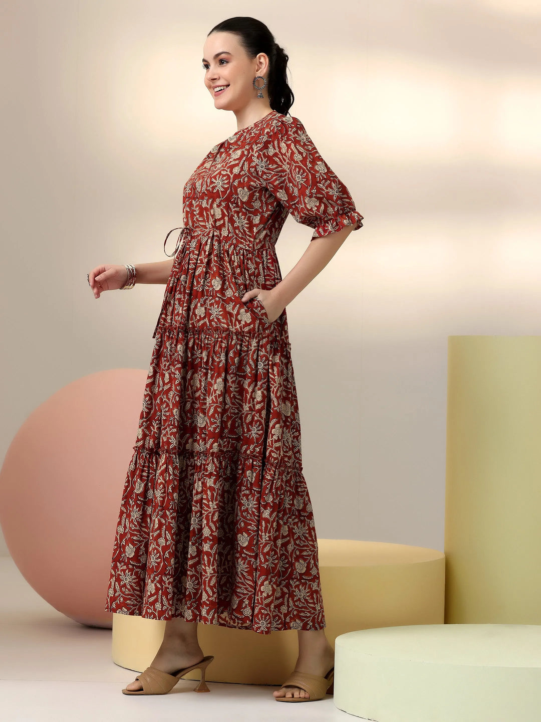  Rust Printed Cotton Fit and Flare Dress 