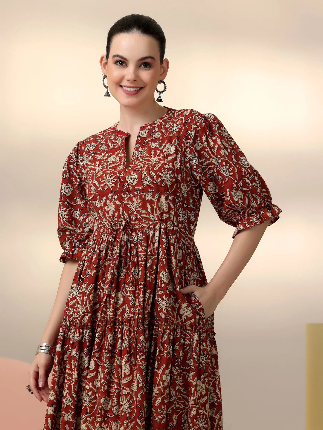  Rust Printed Cotton Fit and Flare Dress 