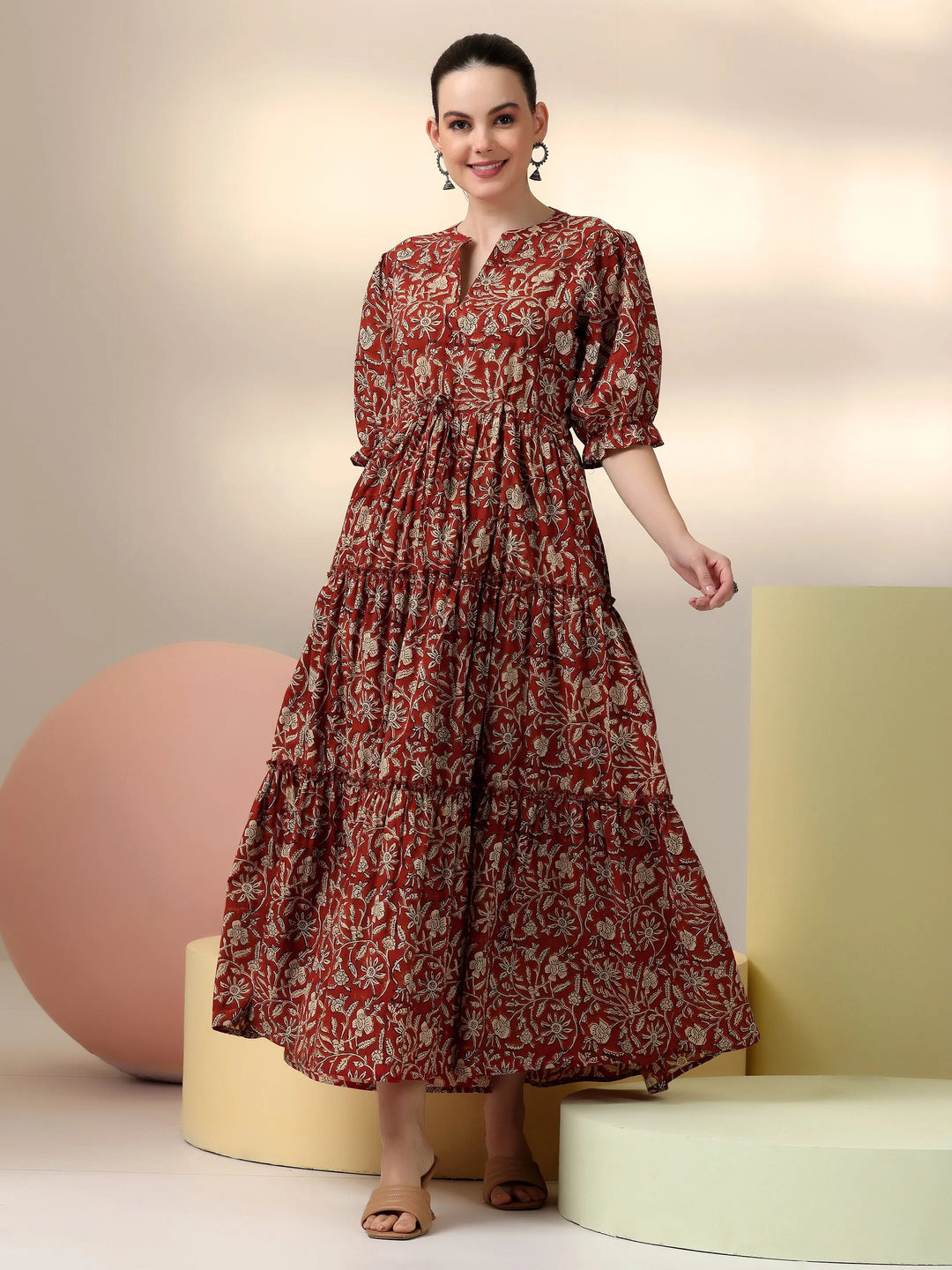  Rust Printed Cotton Fit and Flare Dress 