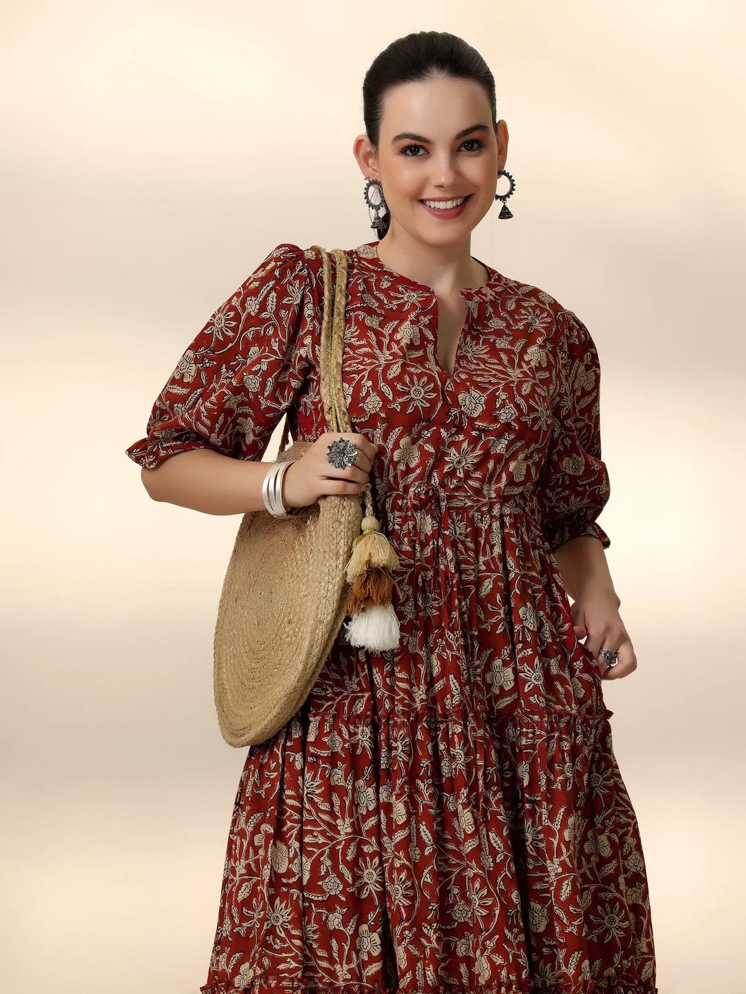  Rust Printed Cotton Fit and Flare Dress 