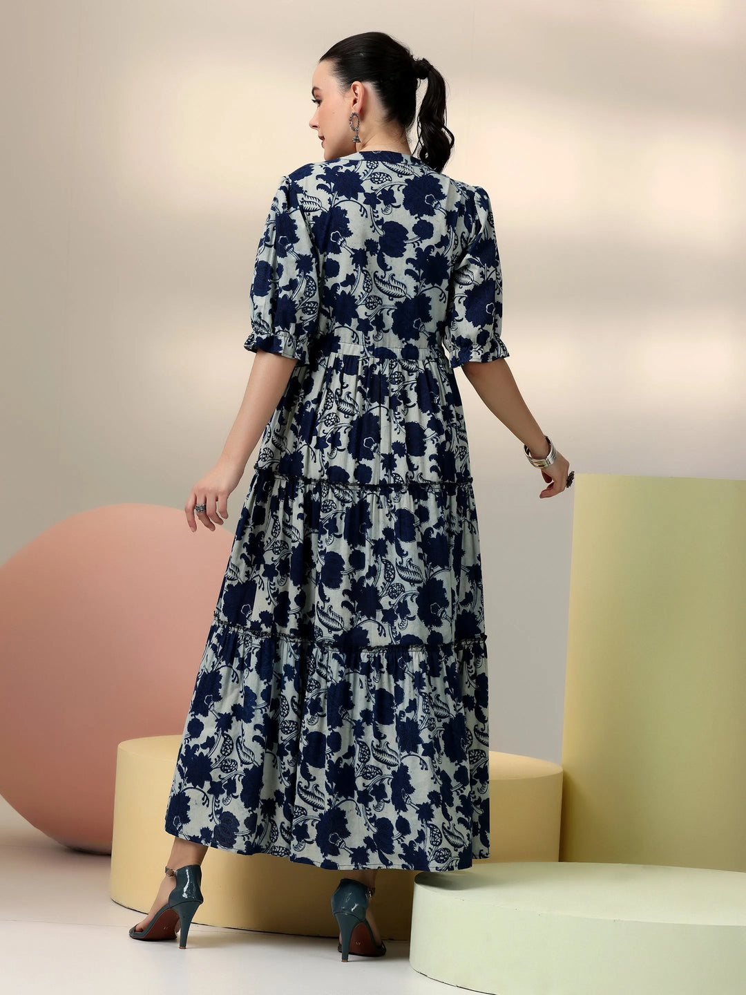  Indigo Printed Cotton Fit and Flare Dress 