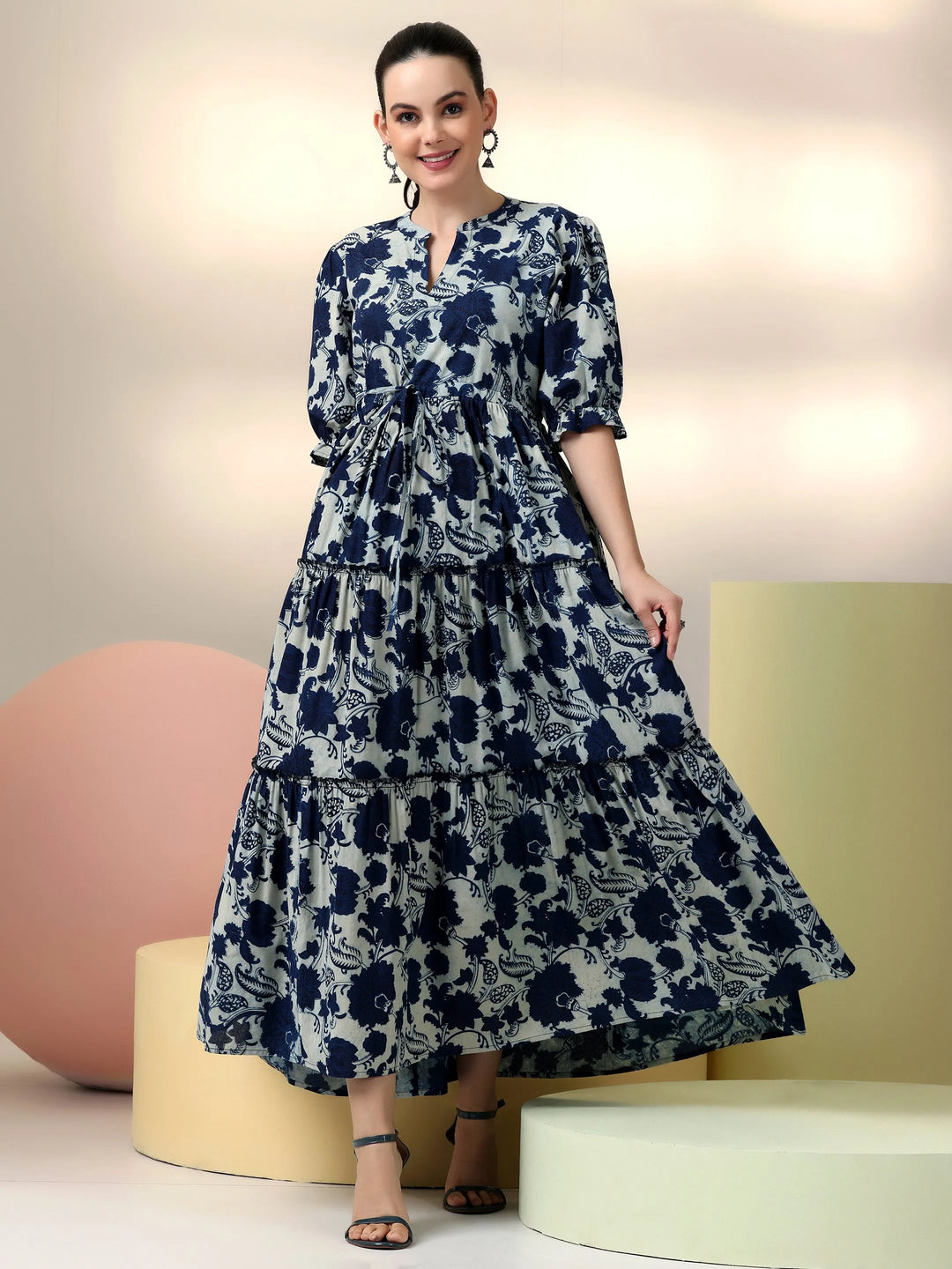  Indigo Printed Cotton Fit and Flare Dress 