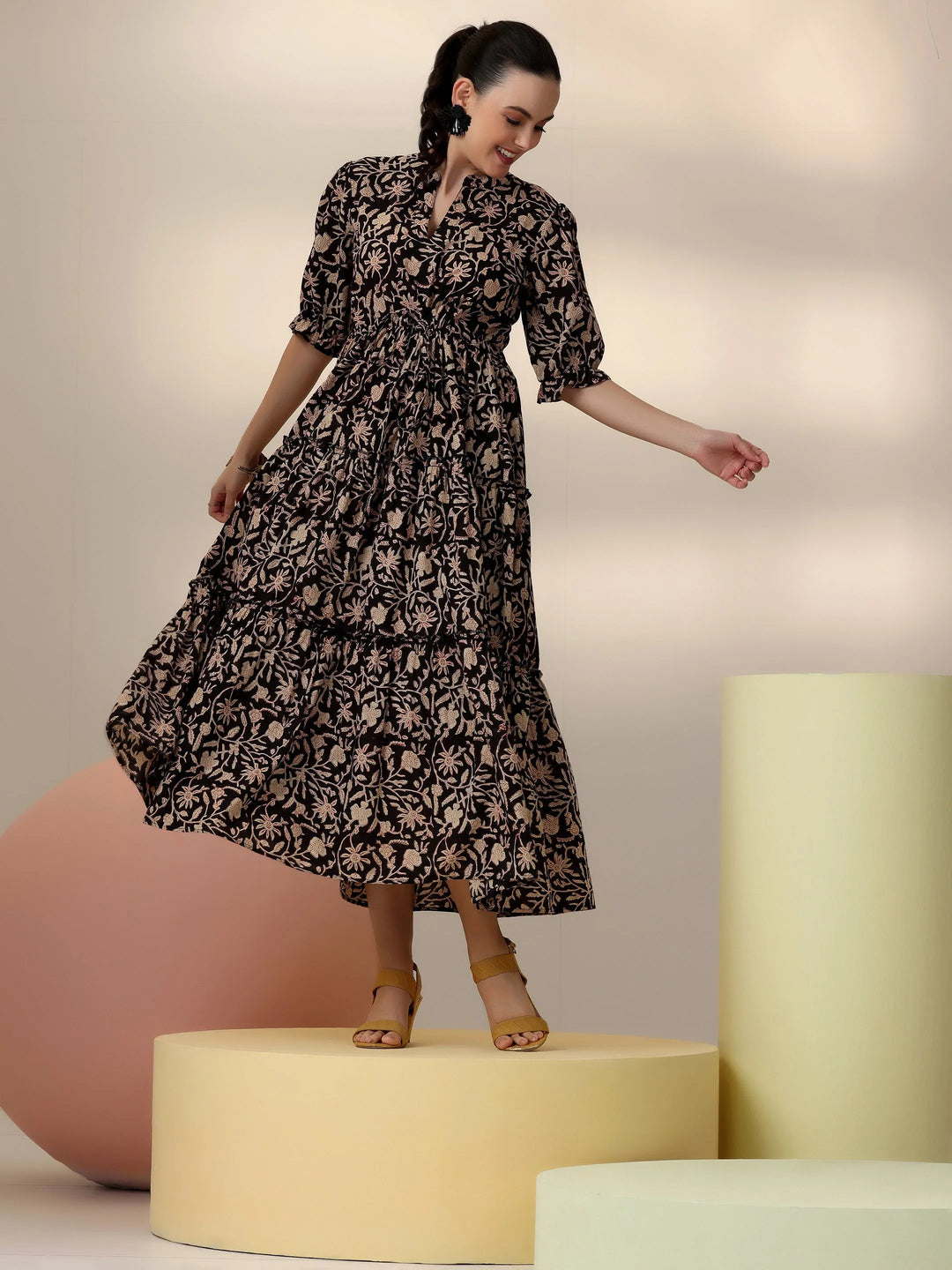  Black Printed Cotton Fit and Flare Dress 