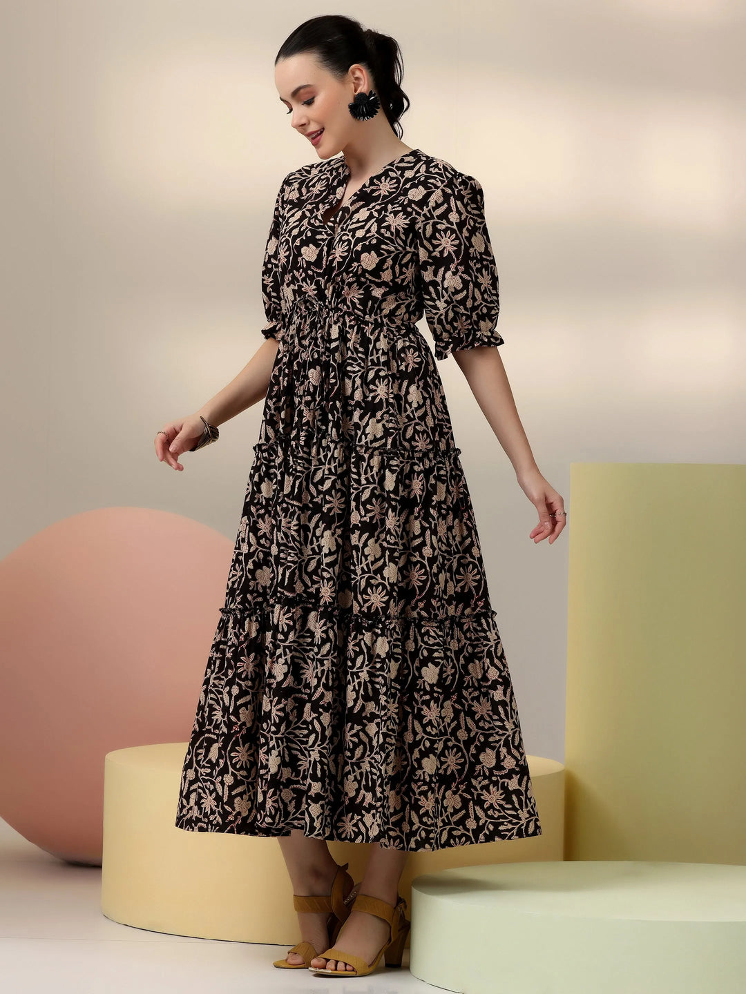  Black Printed Cotton Fit and Flare Dress 