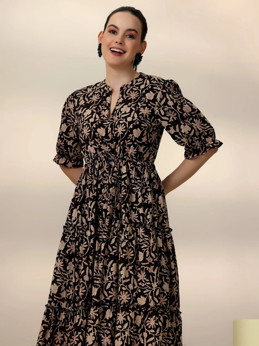  Black Printed Cotton Fit and Flare Dress 