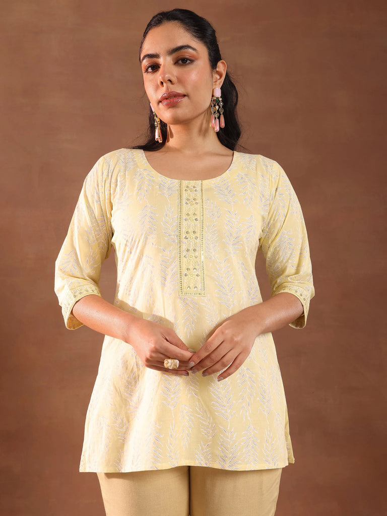 Libas Yellow Printed Cotton Straight Kurti